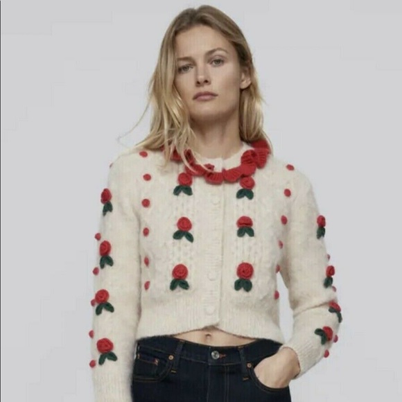 ZARA LIMITED EDITION Floral Knit Wool Blend Cardigan Size S - Picture 3 of 5